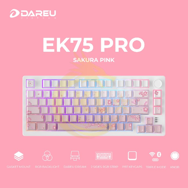 Bàn phím cơ không dây DAREU EK75 PRO – Sakura Pink (Triple Mode, Gasket Mount, RGB)